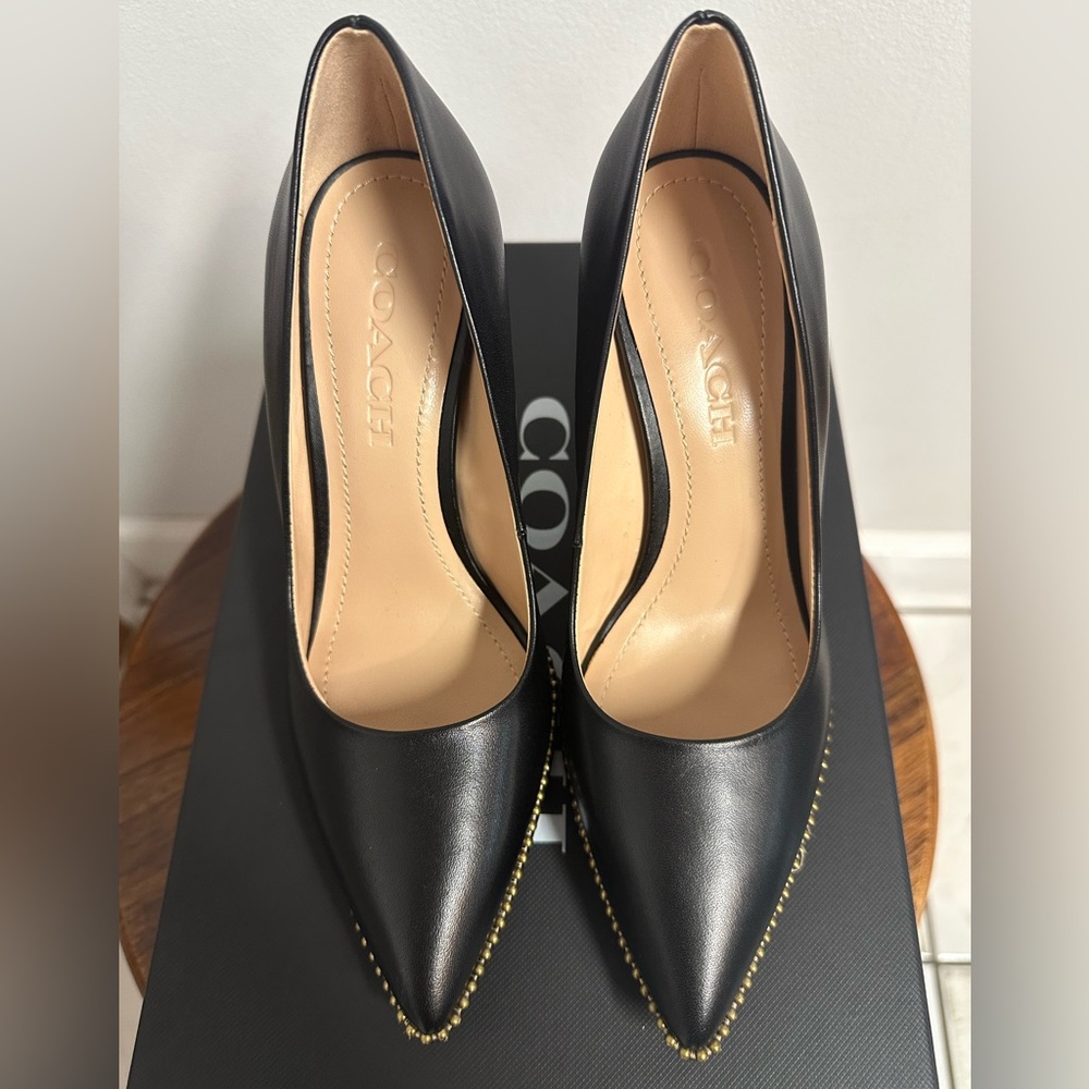Coach Black and Gold Waverly Beadchain Stiletto Heels - Picture 6 of 10